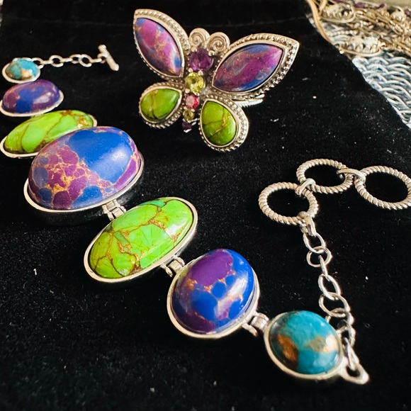 Mojave Turquoise Purple/Green/Blue Bracelet & Matching Butterfly Ring (Sz 7) NWT - Picture 2 of 16
